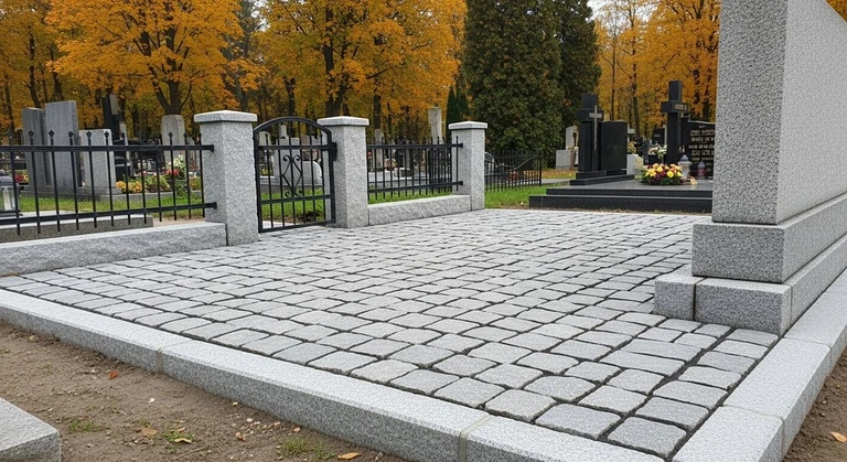Благоустройство захоронений в Тюмени — мощение гранитной плиткой, цоколь и ограда на ухоженном участке