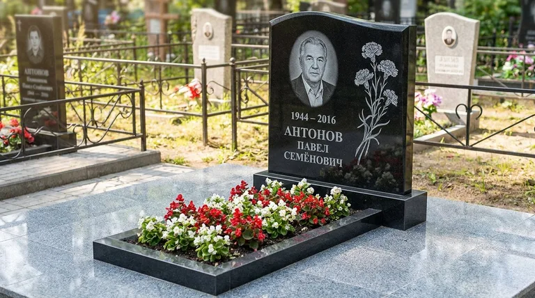 Памятник с гравировкой гвоздик — выполненная работа «Антонов» в Тюмени