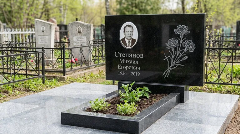 Памятник с гравировкой гвоздик — выполненная работа «Степанов» в Тюмени
