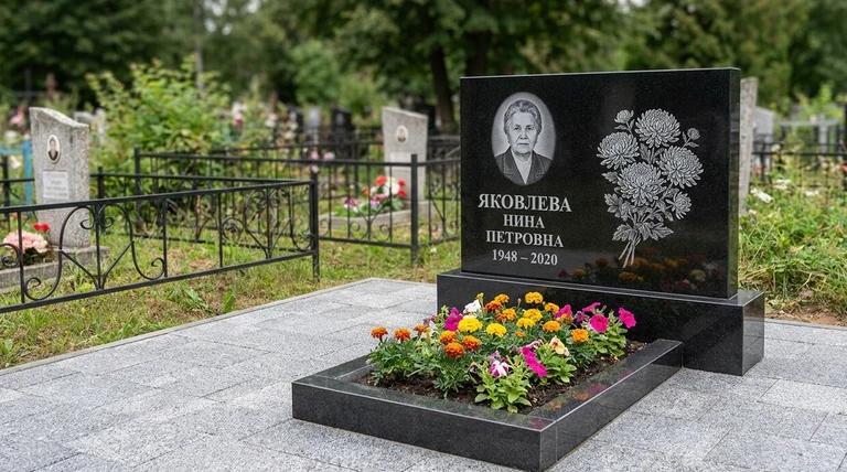 Гравировка хризантем на памятник в Тюмени — пример работы на граните