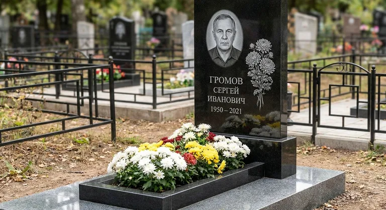 Памятник с гравировкой хризантем — выполненная работа «Громов» в Тюмени