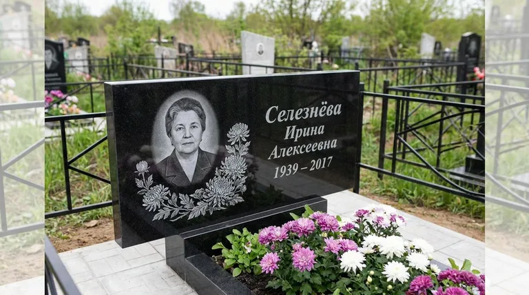 Памятник с гравировкой хризантем — выполненная работа «Селезнёва» в Тюмени