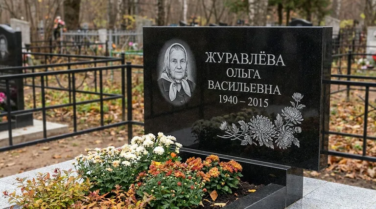 Памятник с гравировкой хризантем — выполненная работа «Журавлёва» в Тюмени
