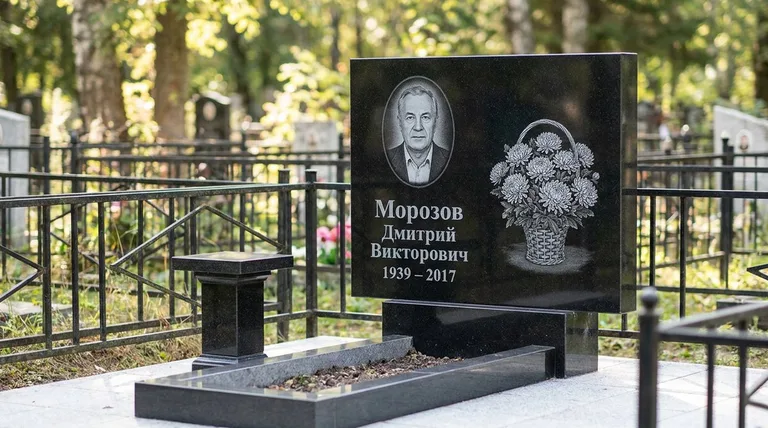 Памятник с гравировкой хризантем — выполненная работа «Морозов» в Тюмени