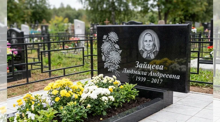 Памятник с гравировкой хризантем — выполненная работа «Зайцева» в Тюмени