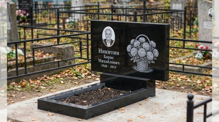 Памятник с гравировкой хризантем — выполненная работа «Никитин» в Тюмени