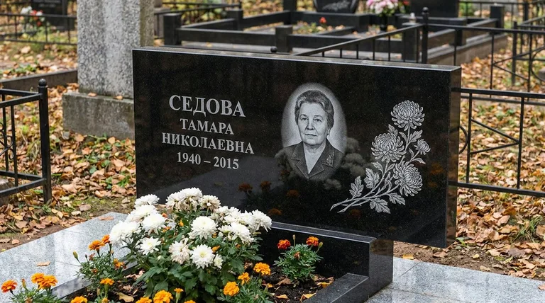 Памятник с гравировкой хризантем — выполненная работа «Седова» в Тюмени