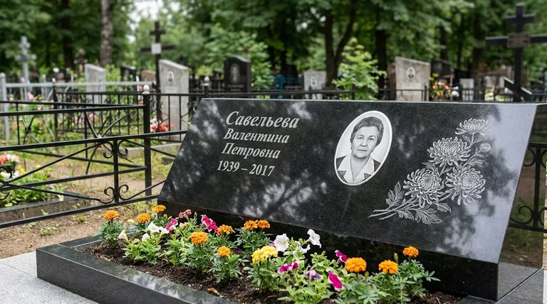 Памятник с гравировкой хризантем — выполненная работа «Савельева» в Тюмени