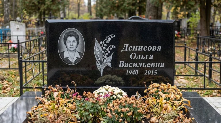 Памятник с гравировкой ландышей — выполненная работа «Денисова» в Тюмени