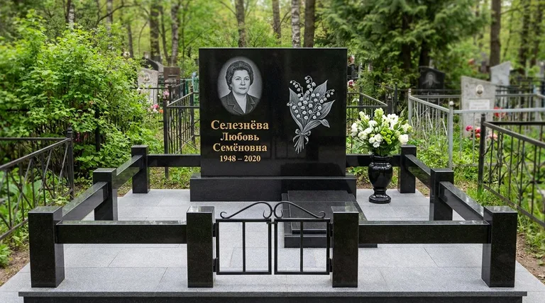 Памятник с гравировкой ландышей — выполненная работа «Селезнёва» в Тюмени