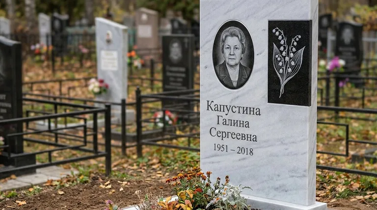 Памятник с гравировкой ландышей — выполненная работа «Капустина» в Тюмени