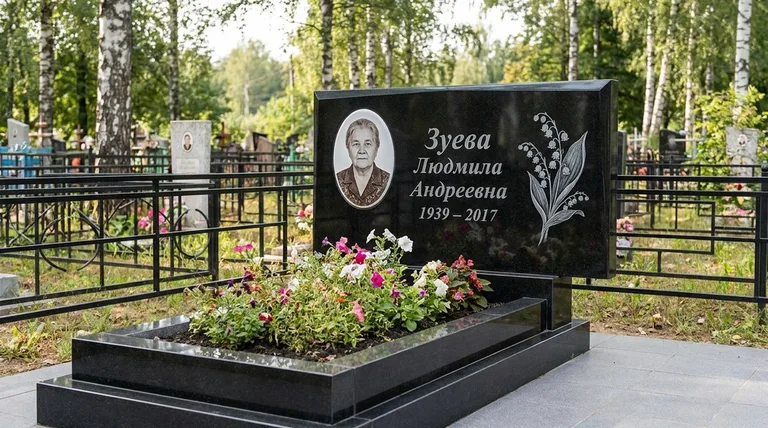 Памятник с гравировкой ландышей — выполненная работа «Зуева» в Тюмени