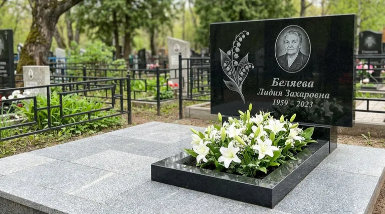 Памятник с гравировкой ландышей — выполненная работа «Беляева» в Тюмени