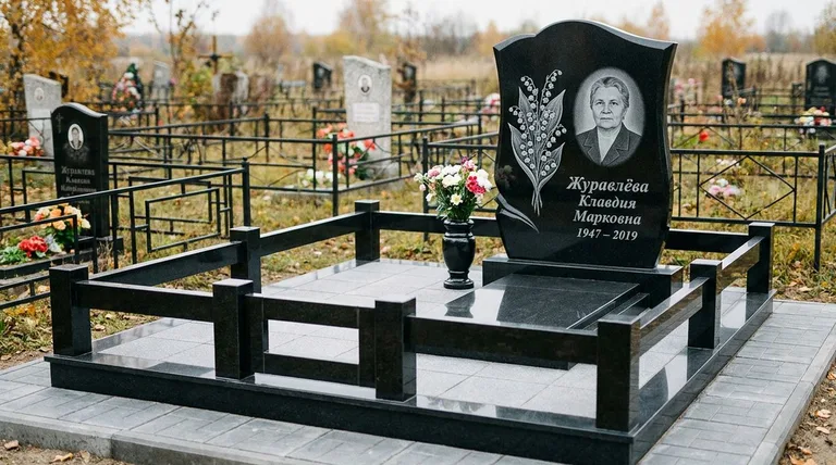 Памятник с гравировкой ландышей — выполненная работа «Журавлёва» в Тюмени
