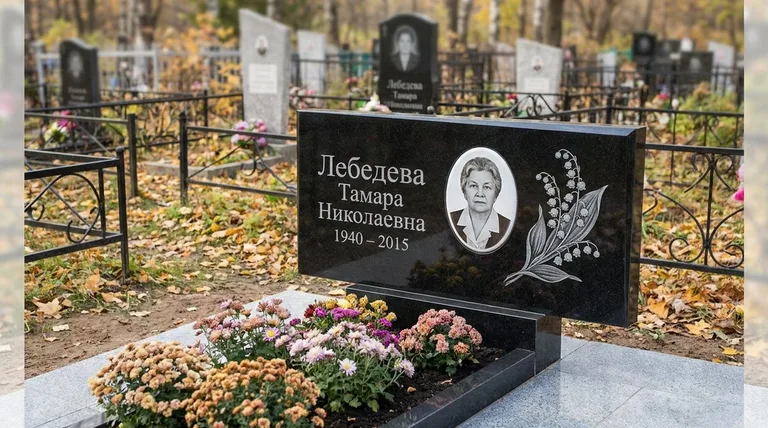 Памятник с гравировкой ландышей — выполненная работа «Лебедева» в Тюмени