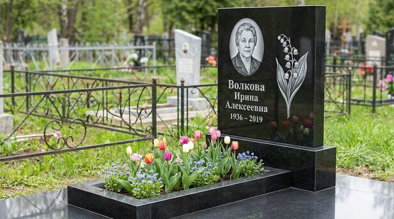 Памятник с гравировкой ландышей — выполненная работа «Волкова» в Тюмени
