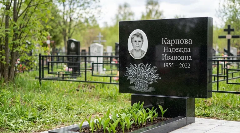 Памятник с гравировкой ландышей — выполненная работа «Карпова» в Тюмени