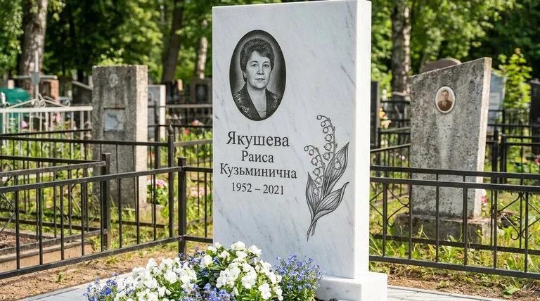 Памятник с гравировкой ландышей — выполненная работа «Якушева» в Тюмени