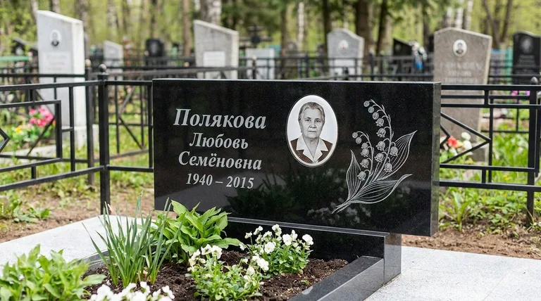 Памятник с гравировкой ландышей — выполненная работа «Полякова» в Тюмени