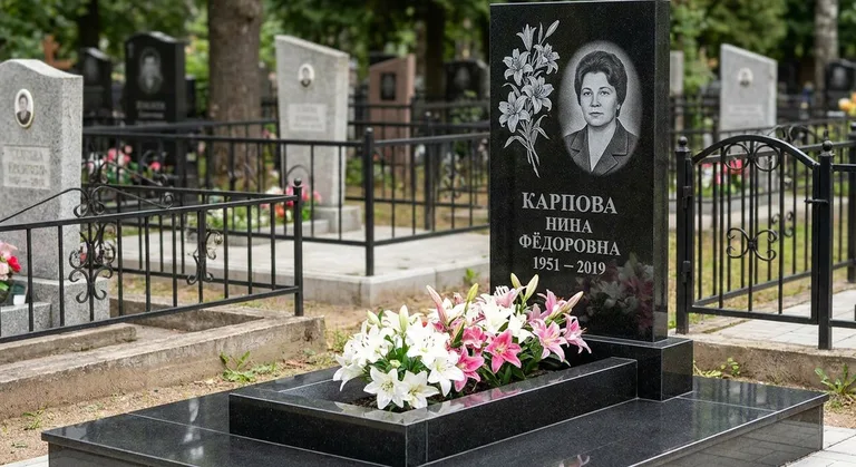 Памятник с гравировкой лилий — выполненная работа «Карпова» в Тюмени