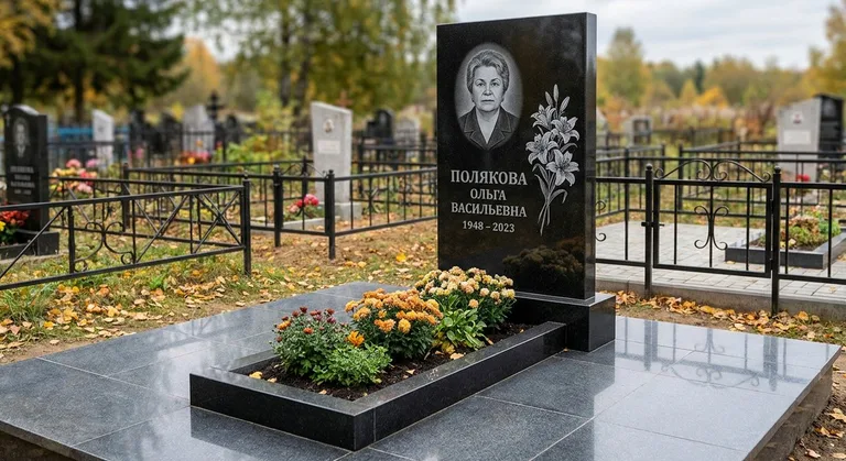 Памятник с гравировкой лилий — выполненная работа «Полякова» в Тюмени