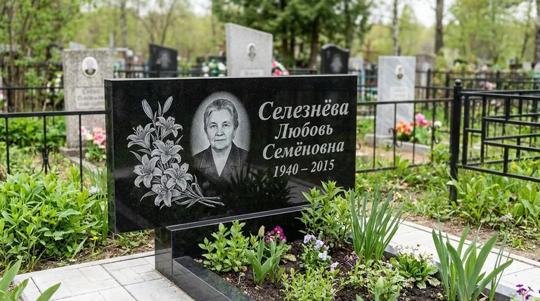Памятник с гравировкой лилий — выполненная работа «Селезнёва» в Тюмени