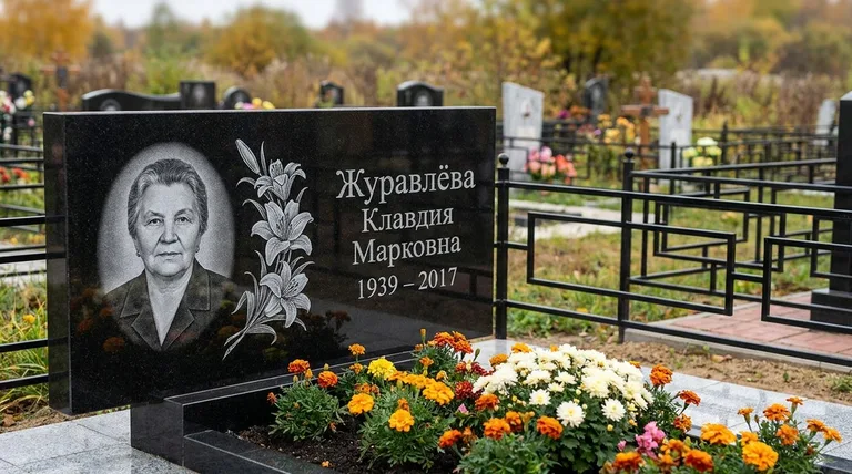 Памятник с гравировкой лилий — выполненная работа «Журавлёва» в Тюмени