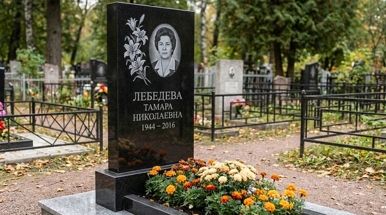 Памятник с гравировкой лилий — выполненная работа «Лебедева» в Тюмени