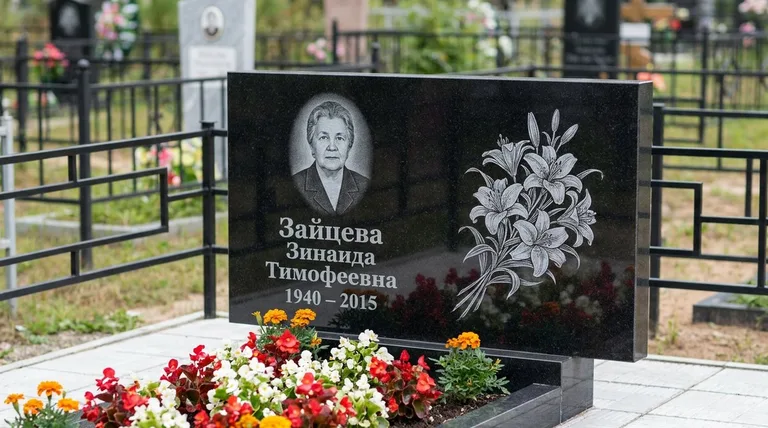 Памятник с гравировкой лилий — выполненная работа «Зайцева» в Тюмени