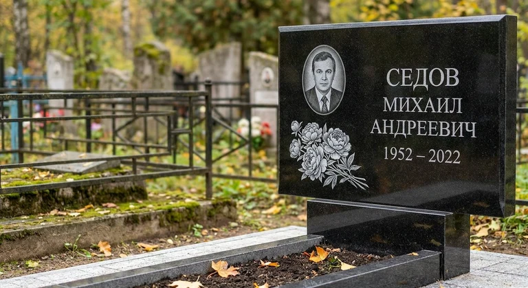 Гравировка пионов на памятник в Тюмени — пример работы на граните