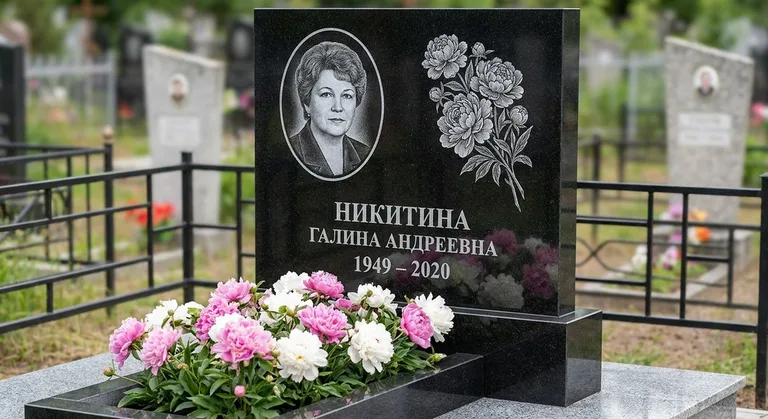 Памятник с гравировкой пионов — выполненная работа «Никитина» в Тюмени