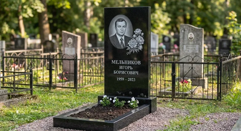 Памятник с гравировкой пионов — выполненная работа «Мельников» в Тюмени