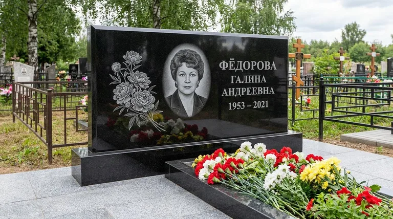 Памятник с гравировкой пионов — выполненная работа «Фёдорова» в Тюмени
