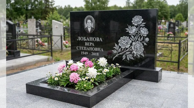Памятник с гравировкой пионов — выполненная работа «Лобанова» в Тюмени