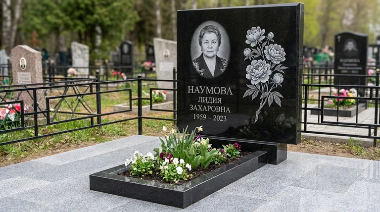 Памятник с гравировкой пионов — выполненная работа «Наумова» в Тюмени