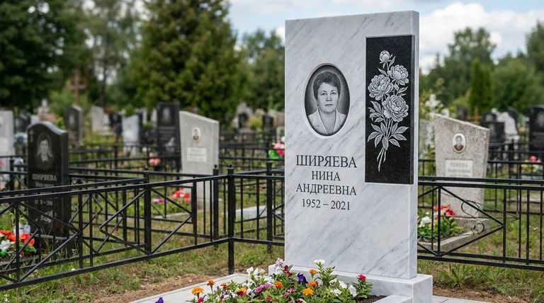 Памятник с гравировкой пионов — выполненная работа «Ширяева» в Тюмени