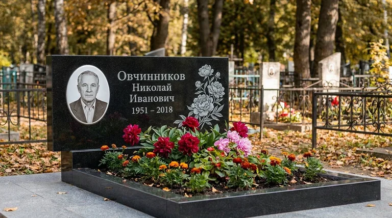 Памятник с гравировкой пионов — выполненная работа «Овчинников» в Тюмени