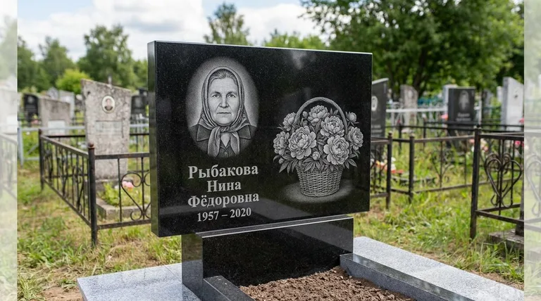 Памятник с гравировкой пионов — выполненная работа «Рыбакова» в Тюмени