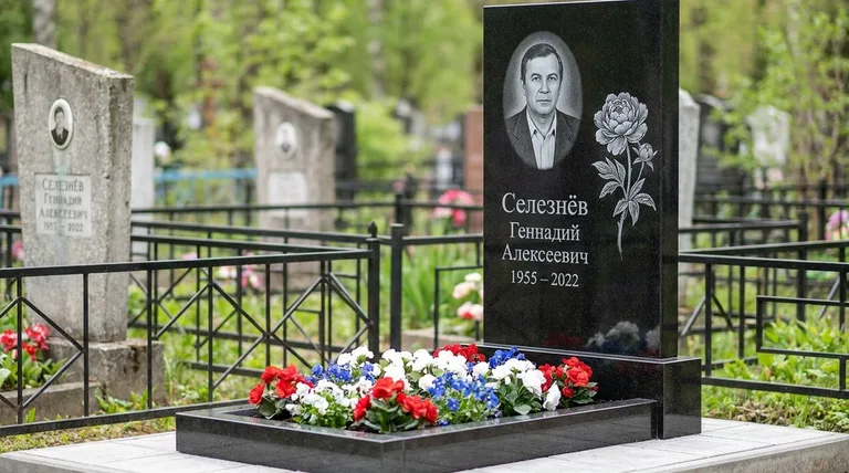 Памятник с гравировкой пионов — выполненная работа «Селезнёв» в Тюмени