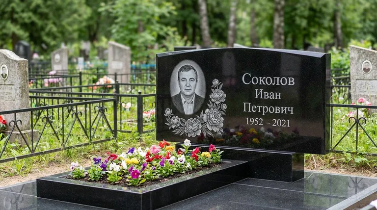 Памятник с гравировкой пионов — выполненная работа «Соколов» в Тюмени
