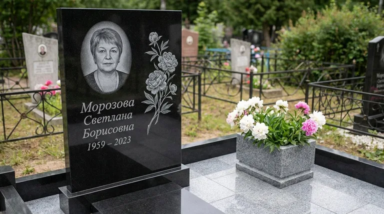 Памятник с гравировкой пионов — выполненная работа «Морозова» в Тюмени