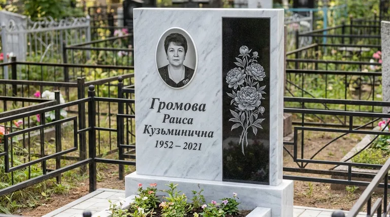 Памятник с гравировкой пионов — выполненная работа «Громова» в Тюмени