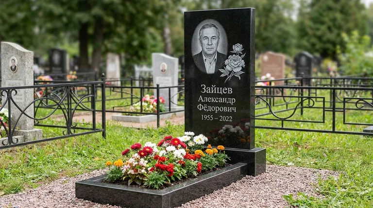 Памятник с гравировкой пионов — выполненная работа «Зайцев» в Тюмени