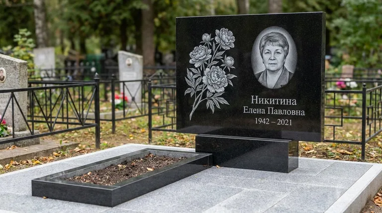 Памятник с гравировкой пионов — выполненная работа «Никитина» в Тюмени