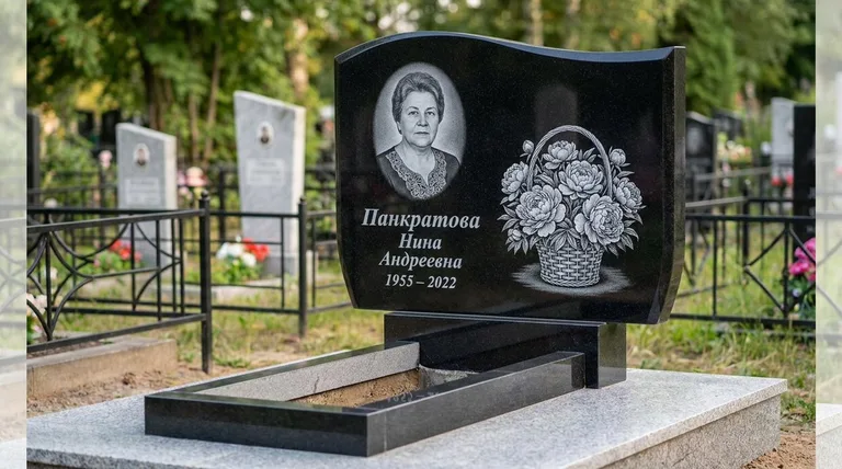 Памятник с гравировкой пионов — выполненная работа «Панкратова» в Тюмени