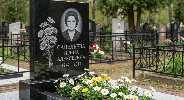 Памятник с гравировкой ромашек — выполненная работа «Савельева» в Тюмени