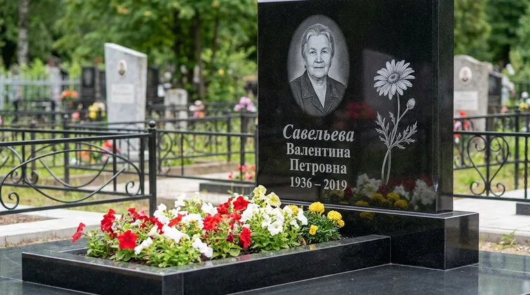 Памятник с гравировкой ромашек — выполненная работа «Савельева» в Тюмени