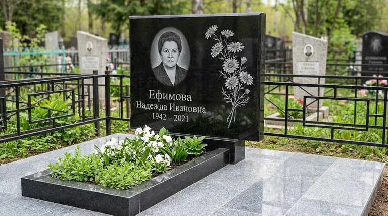 Памятник с гравировкой ромашек — выполненная работа «Ефимова» в Тюмени