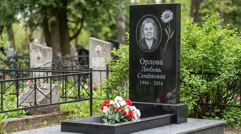 Памятник с гравировкой ромашек — выполненная работа «Орлова» в Тюмени
