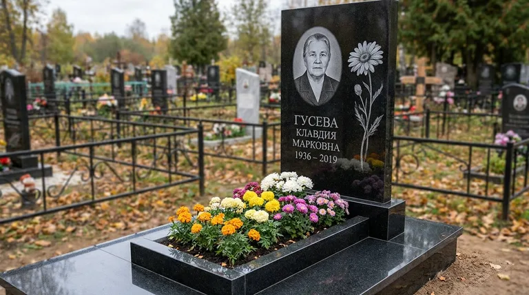 Памятник с гравировкой ромашек — выполненная работа «Гусева» в Тюмени